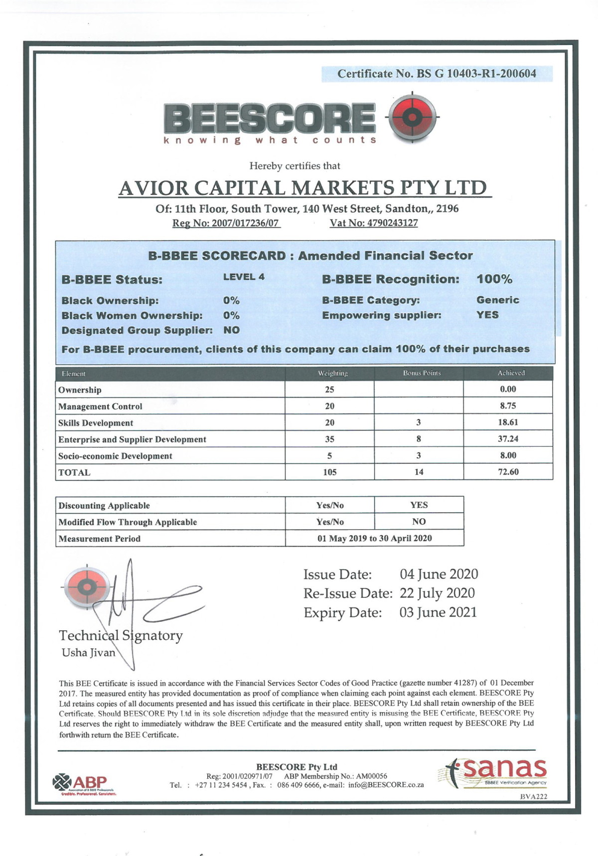 Avior B-BBEE Certificate And Rating | Avior